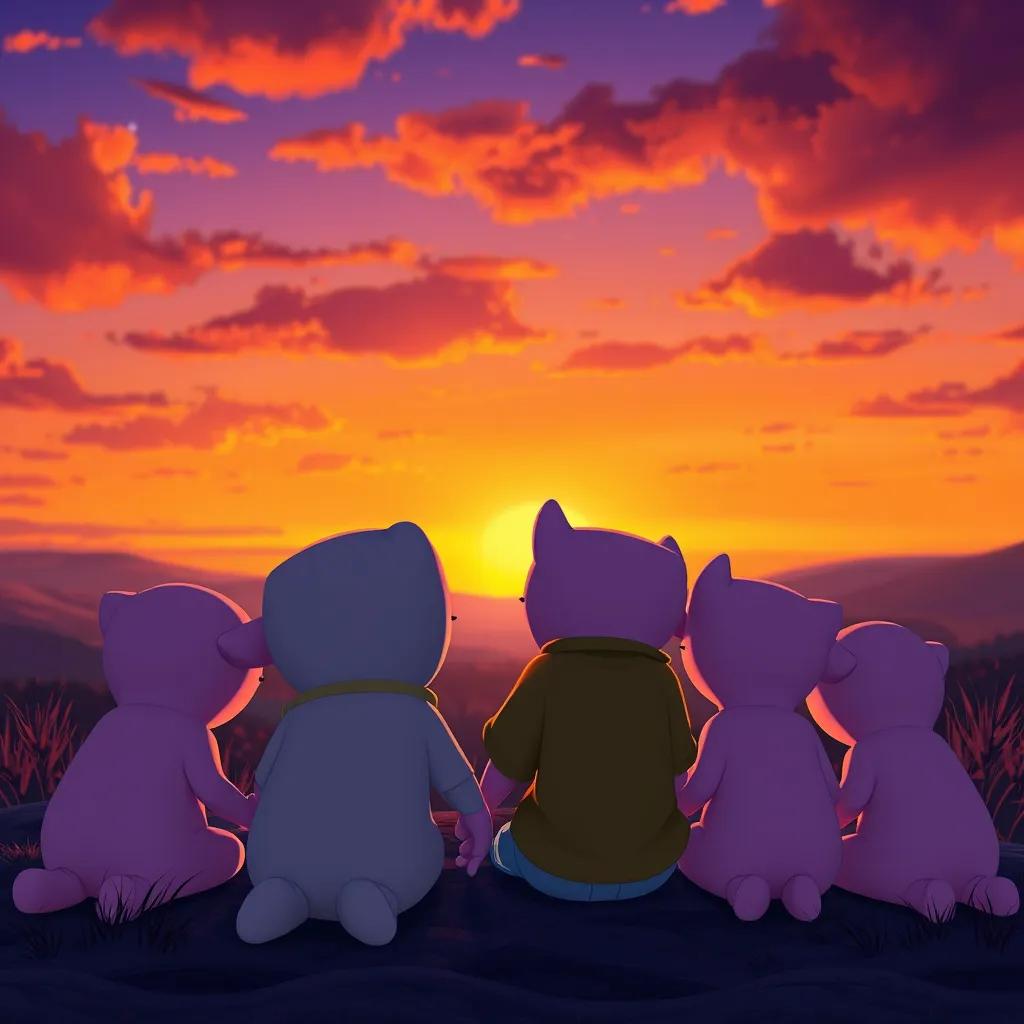 A sunset scene with Danny and his pink friends sitting together, gazing at the colorful sky with hues of orange and purple, as they close their eyes to make a wish.