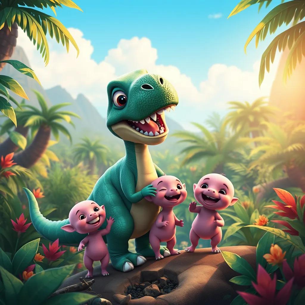Danny the dinosaur and his pink friends adventuring together in a vibrant jungle, discovering hidden treasures and laughing, showcasing their inseparable bond.