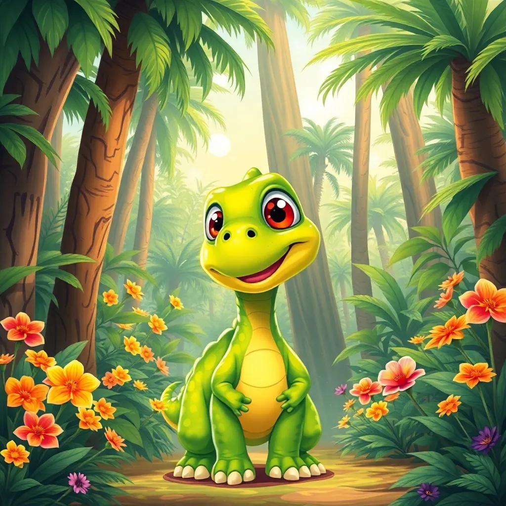 A happy little dinosaur, Danny, with bright green scales and big eyes, standing in a lush jungle with tall trees and colorful flowers, cheerful, cartoon style, vibrant colors, sunny atmosphere, high quality
