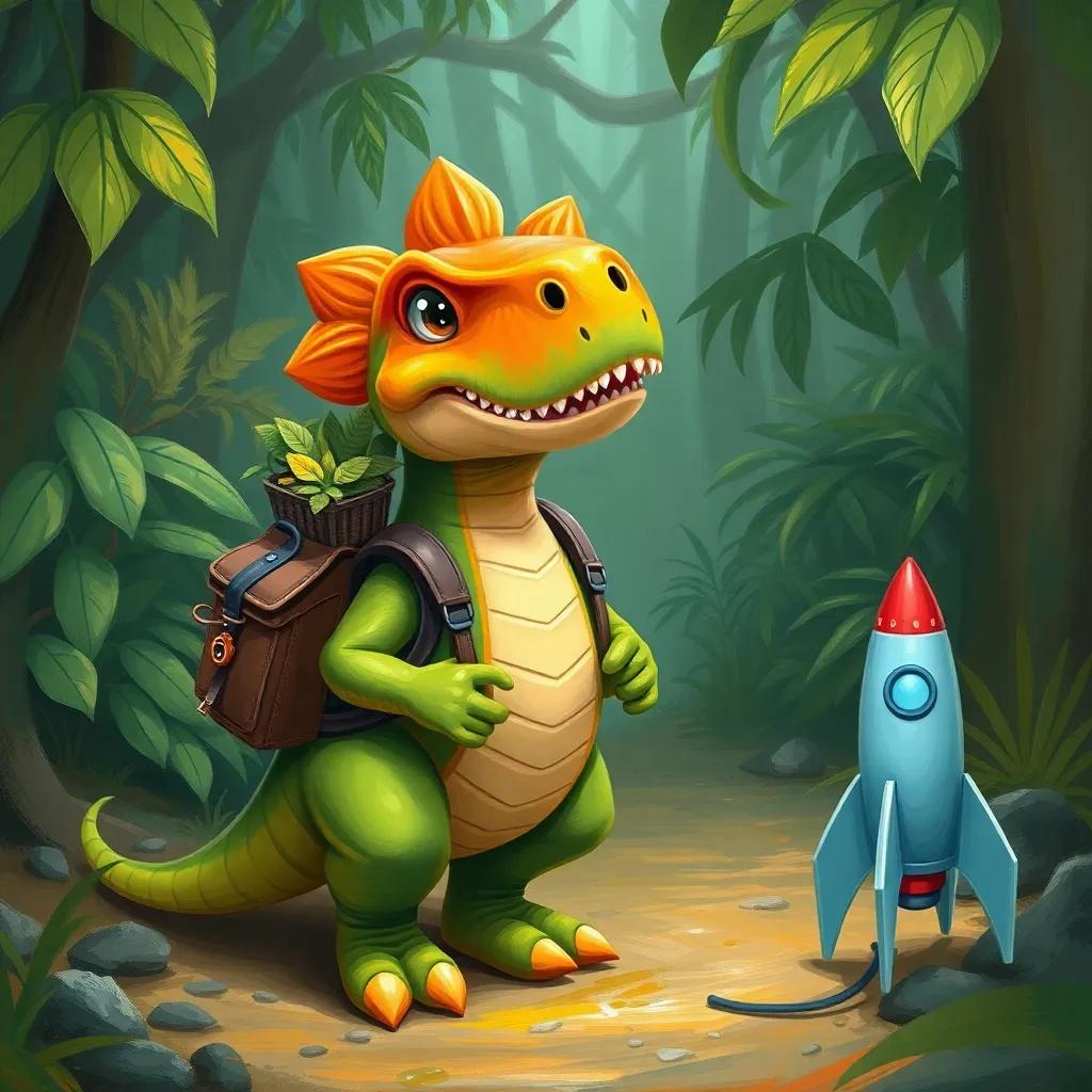 Danny the dinosaur, packing a tiny backpack filled with leaves, with a toy rocket next to him, in the jungle, looking determined, digital art, playful, bright colors, inviting scene
