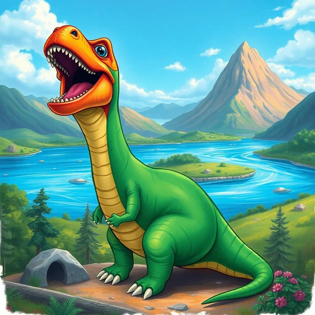 Danny the dinosaur, near a big river, looking up at a steep hill with excitement, surrounded by beautiful nature, illustration, colorful, friendly vibe, child-friendly