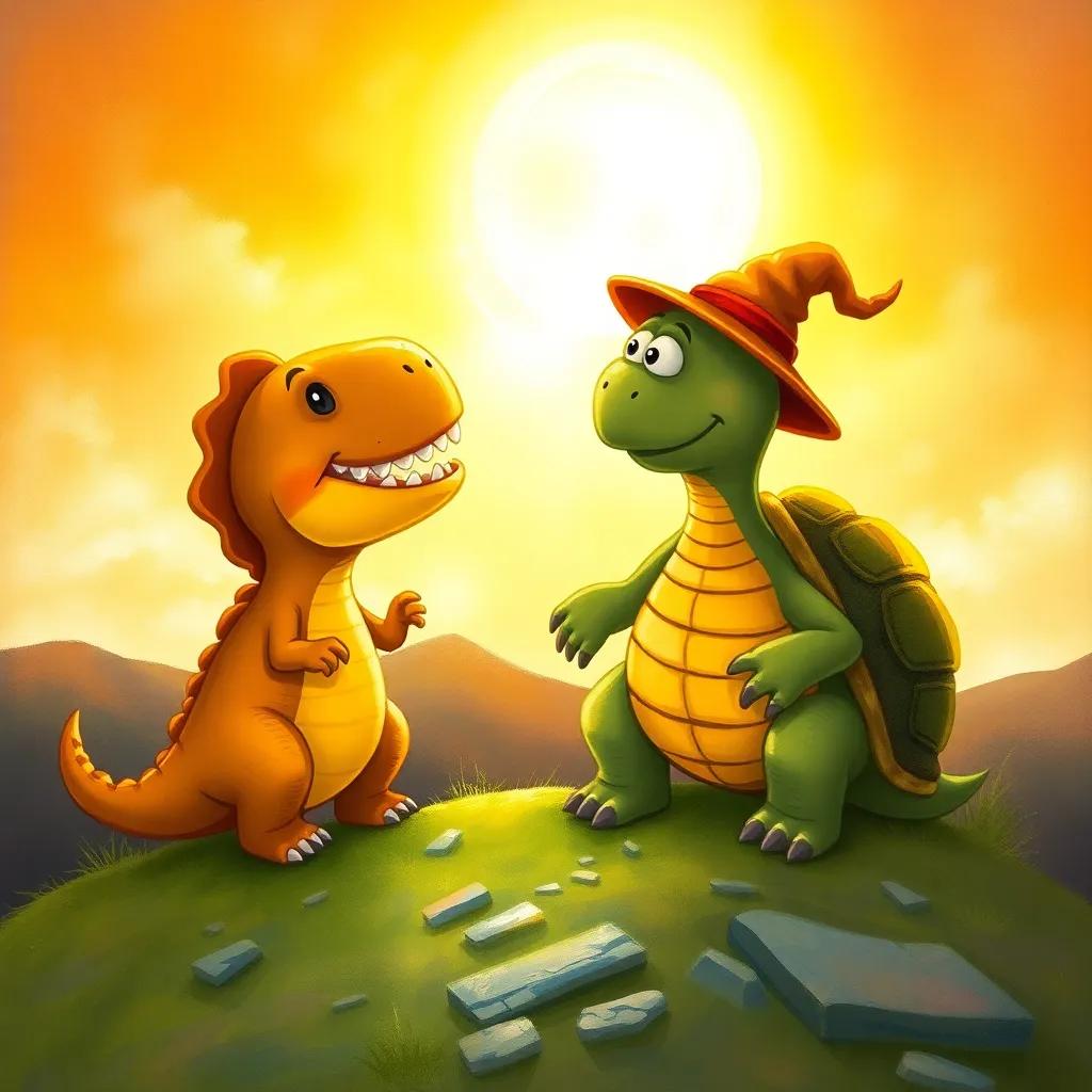 Danny the dinosaur and a wise old turtle named Tim, talking on a hilltop, with the sun shining above, both looking happy, children's book illustration, warm colors, friendly