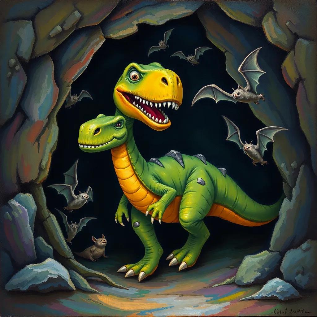 Danny the dinosaur, nervously entering a dark cave, with curious bats squeaking around, colorful artwork, slightly spooky yet friendly, child-safe atmosphere