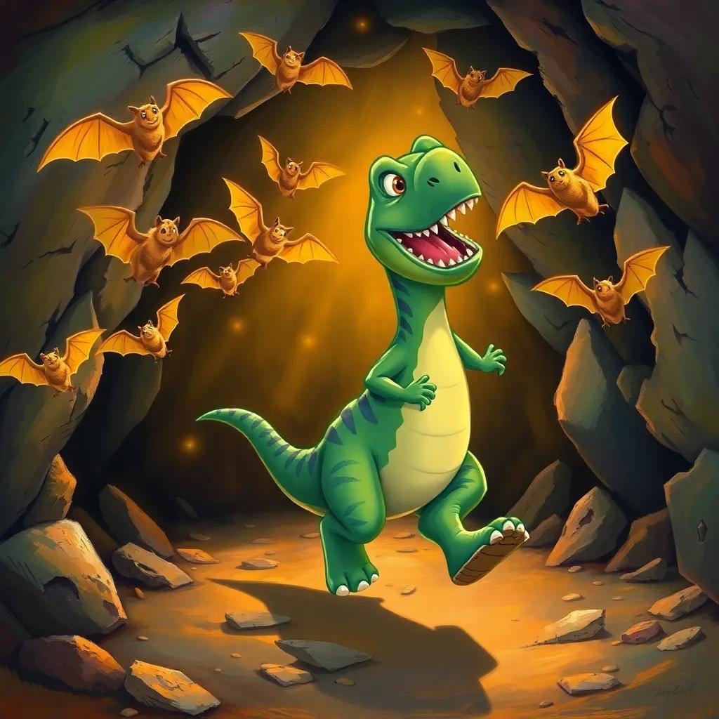 Danny the dinosaur, happily skipping out of the cave, surrounded by cheering bats flying around him, vibrant colors, cheerful scene, high-quality illustration
