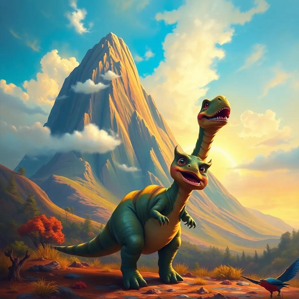 Danny the dinosaur, standing in front of a tall mountain with clouds, looking a bit tired but excited, in a beautiful landscape, colorful, warm light, joyful