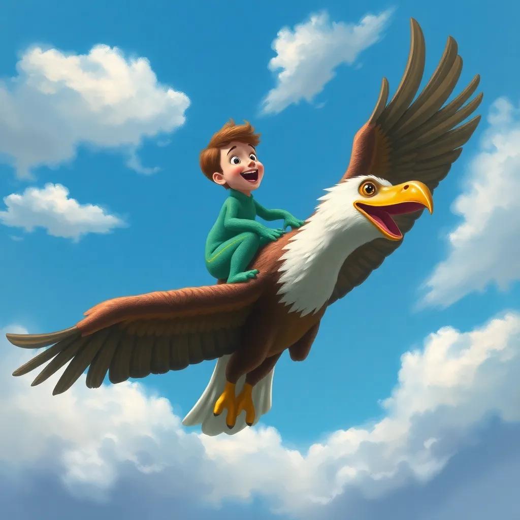 Danny the dinosaur riding on a friendly eagle, soaring high in the sky with clouds around them, both looking thrilled, digital art, bright blue sky, child-friendly