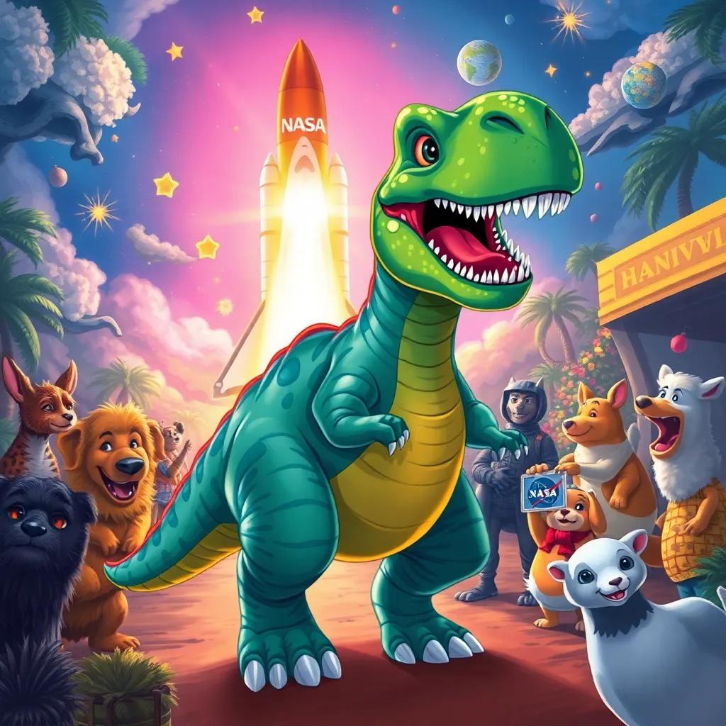 Danny the dinosaur, arriving at NASA with animals welcoming him, bright lights and a rocket in the background, festive atmosphere, colorful and inviting, high-quality illustration