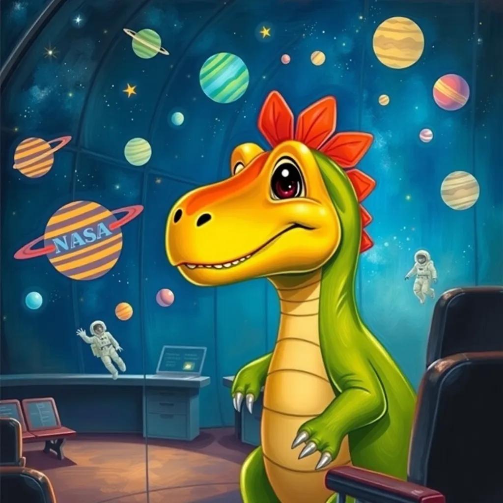 Danny the dinosaur, smiling and looking at the stars inside the NASA center, filled with excitement, illustrations of planets and astronauts, vibrant colors, heartwarming scene