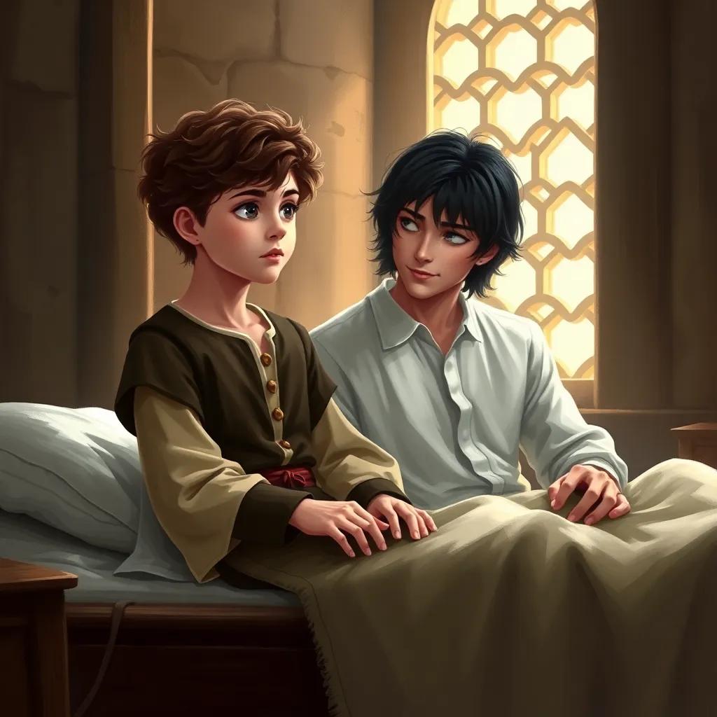 A young boy, D'Artagnan, with short, curly brown hair, sitting on a bed in a medieval infirmary, looking nervous as Aramis, a kind-looking young man with long black hair wearing a white shirt, comforts him warmly, digital art, calming colors, cozy setting, soft light, high quality