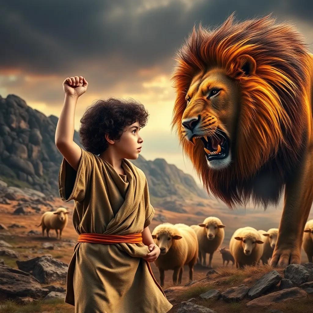 A young boy, David, with curly dark hair, wearing a shepherd's tunic, bravely facing a huge lion, holding a sling in his hand, in a dramatic landscape with rocky terrain and his sheep nearby, intense and courageous scene, colorful, adventure-themed, high quality