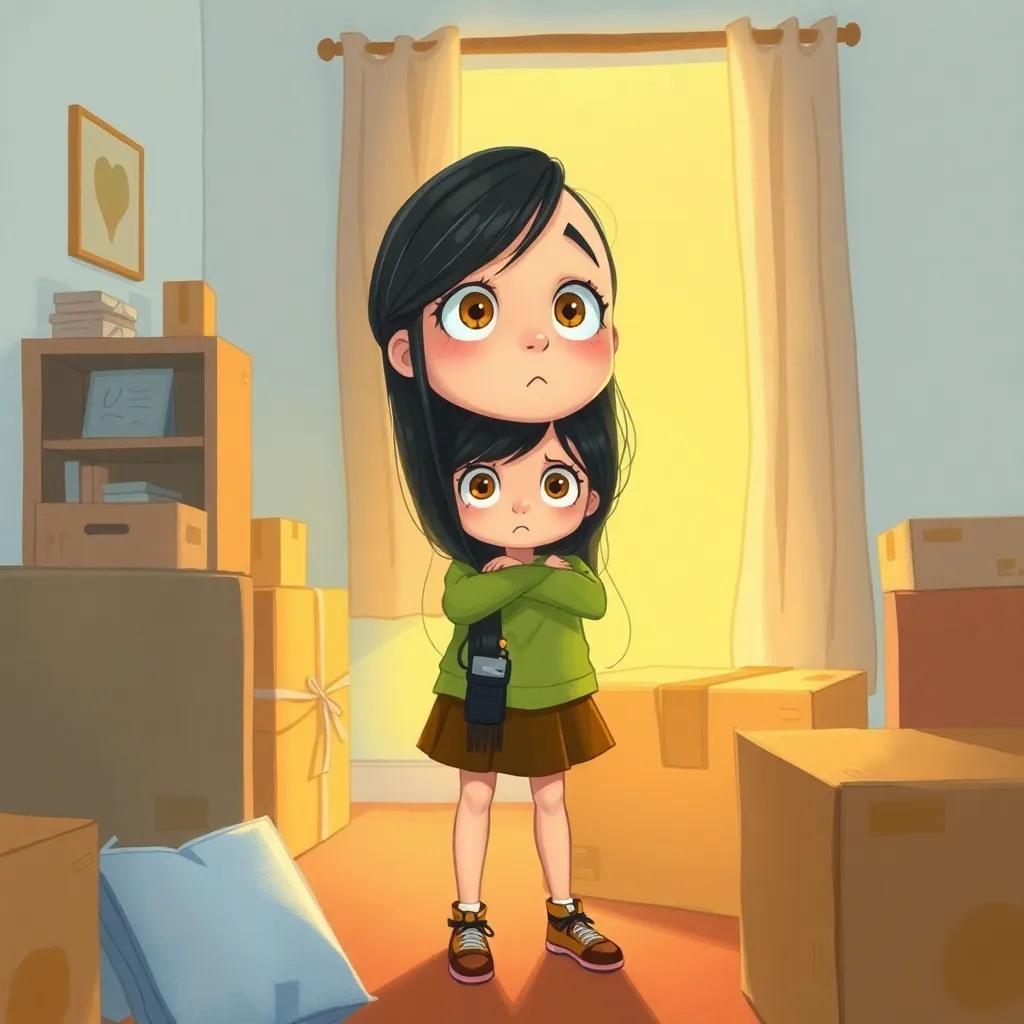 A young girl, Dayna, with long, dark hair and bright eyes, standing in her new room, looking curious and a bit terrified, with boxes around, soft lighting, warm colors, inviting atmosphere, detailed, whimsical art