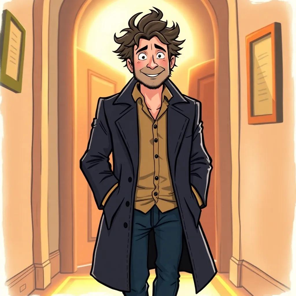A man, John Constantine, with messy hair and serious features, walking into the room with a friendly smile, wearing a long coat and jeans, warm light, cozy feel, child-friendly illustration, vibrant colors, detailed