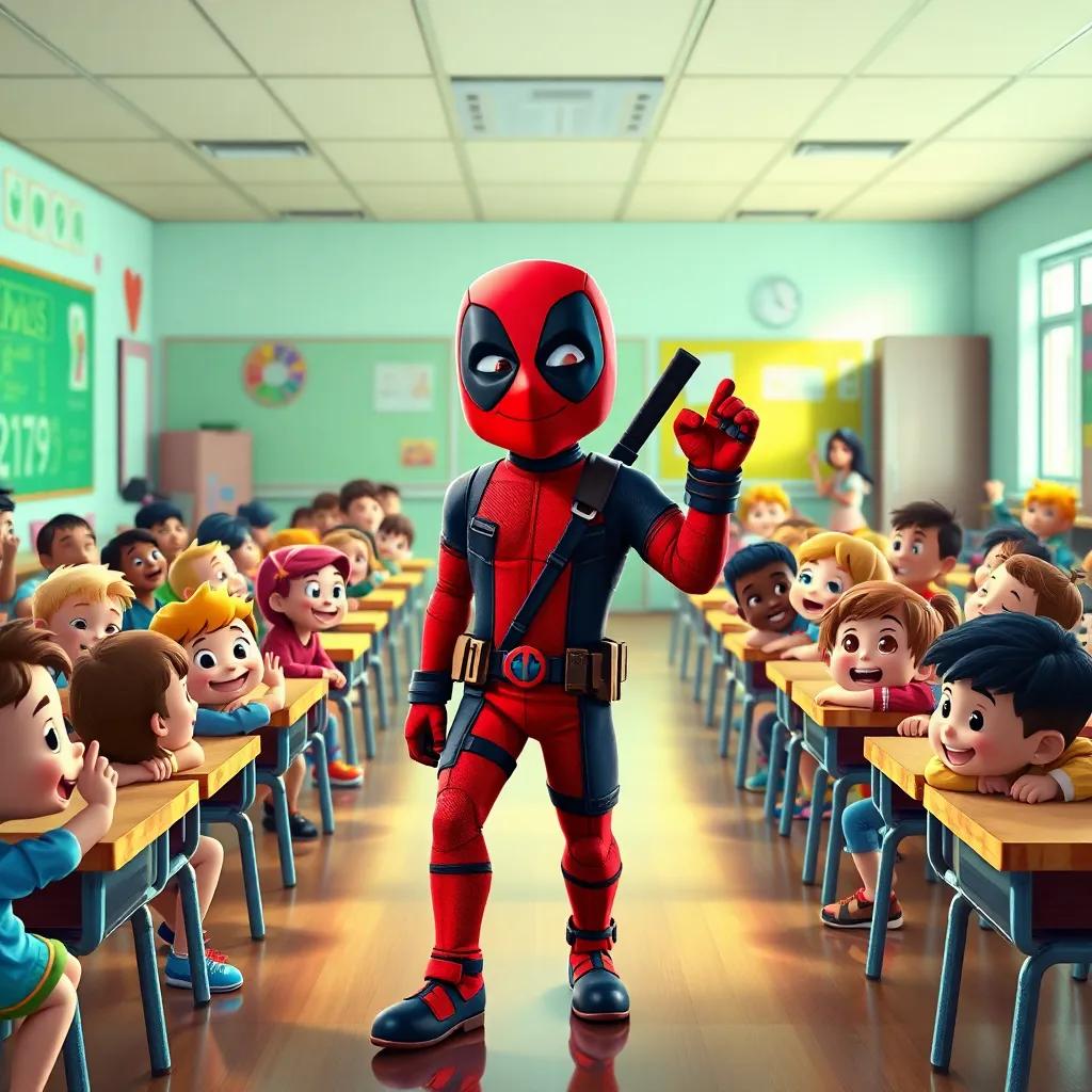 A vibrant classroom filled with excited children, Deadpool, a superhero in a red and black suit, with a playful expression, walking in, bright colors, cheerful atmosphere, digital art, high quality