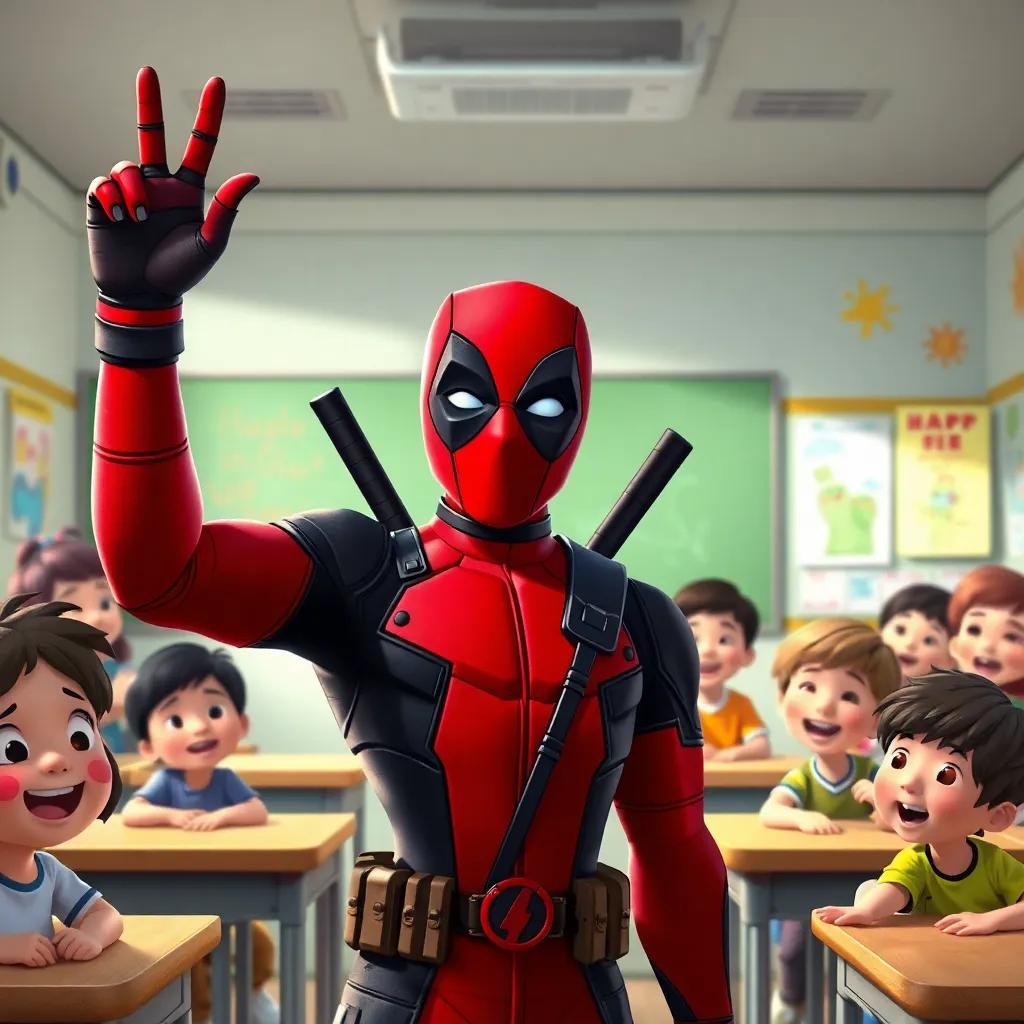 Deadpool, a superhero in a red and black suit, raising his hand in a classroom, surrounded by laughing children, colorful drawings on the walls, joyful setting, illustration, engaging, child-friendly