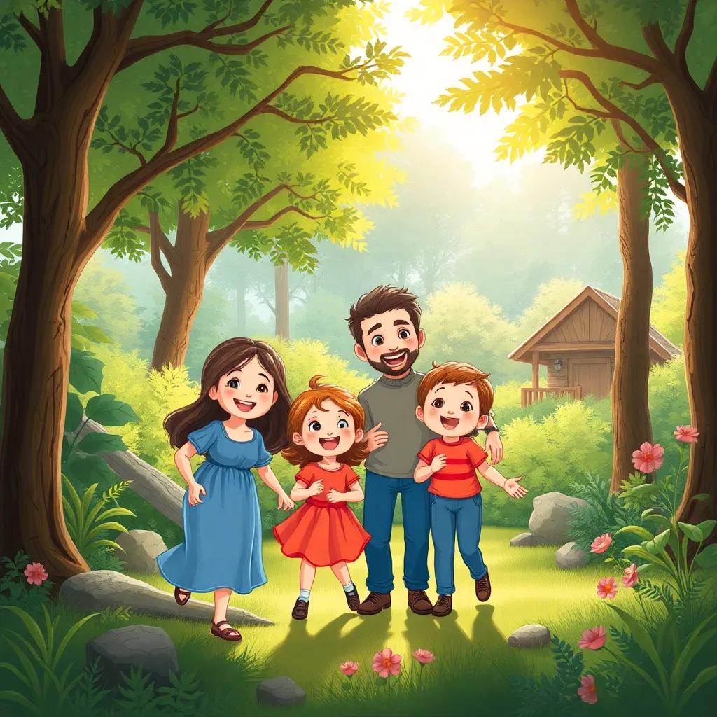 A happy family, Anneleri Nevra Hanım, with two children, Ege and Defne, playing in a lush forest area near their home, bright sunlight filtering through the trees, joyful expressions, digital art, vibrant colors, warm atmosphere, child-friendly, high quality