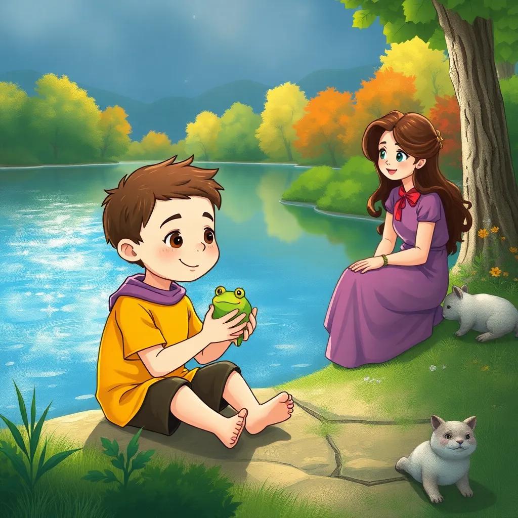 Ege holding a small frog in his hands, sitting by the edge of a glimmering lake, Defne in the background talking to their mother with a curious expression, serene water reflections, colorful nature all around, illustration, friendly and playful vibe, fantasy