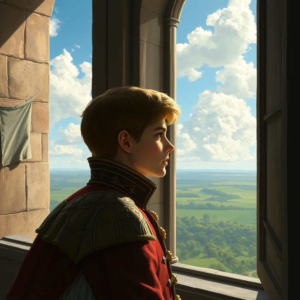 A young prince looking out of a tall castle window, wearing a royal outfit, with a big green landscape outside. It is a sunny day with fluffy clouds in the sky.