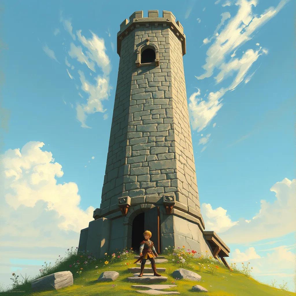 A tall stone tower standing against a blue sky. The tower has many stairs and a door at the top. Little flowers grow around the base, and a brave young prince is at the bottom, looking determined to start climbing.