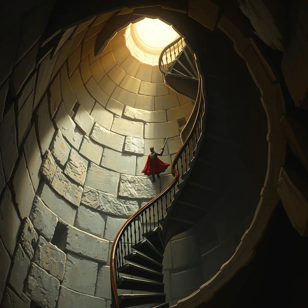 A spiral staircase inside the tower, with the prince climbing it bravely. The walls are made of stone and there is a light shining at the top, creating a warm glow.