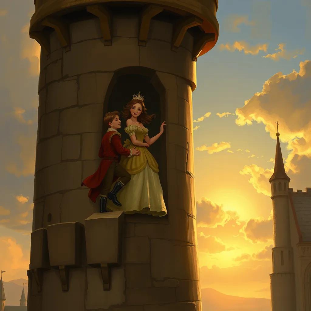 The prince and princess climbing down the tower together, smiling and laughing. The sun is setting in the background, casting a golden hue over the scene.