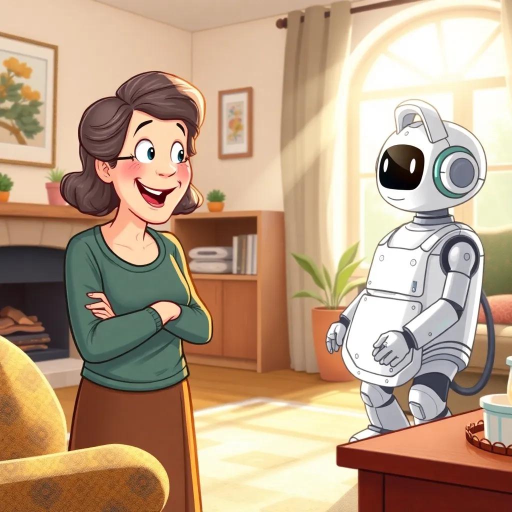 A mother, Frau Schneider, surprised to see a maidbot in her living room, cheerful expression, warm home environment, light streaming in through the windows, illustration, inviting scene, family-friendly