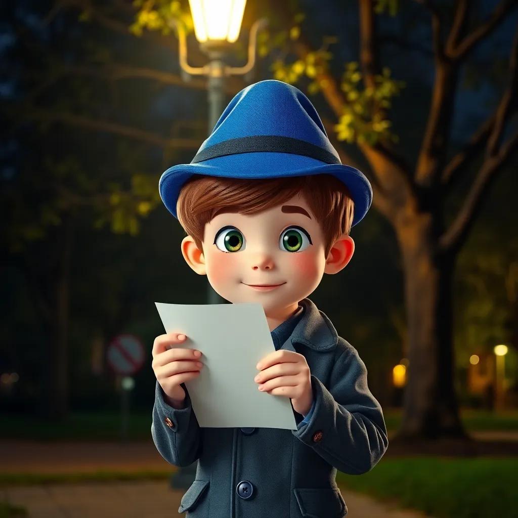 Detective Danny, a young boy with short brown hair, wearing a blue detective hat and a trench coat, standing in a dimly lit park with a tree behind him, holding a mysterious note under a streetlight, colorful, cheerful, child-friendly, high quality