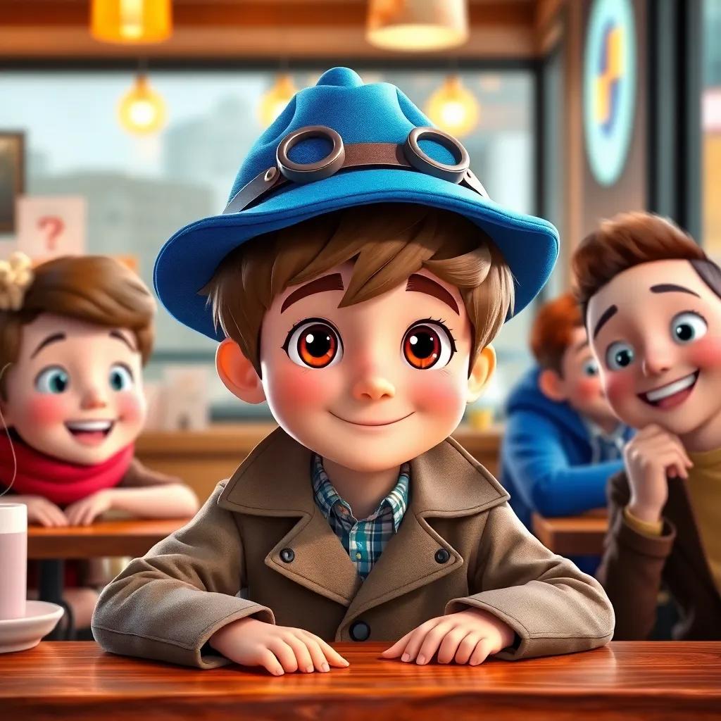 Detective Danny, a young boy with short brown hair, wearing a blue detective hat and a trench coat, sitting at a cafe table with friends, animated and lively atmosphere, vibrant colors, happy expressions, child-friendly, high quality