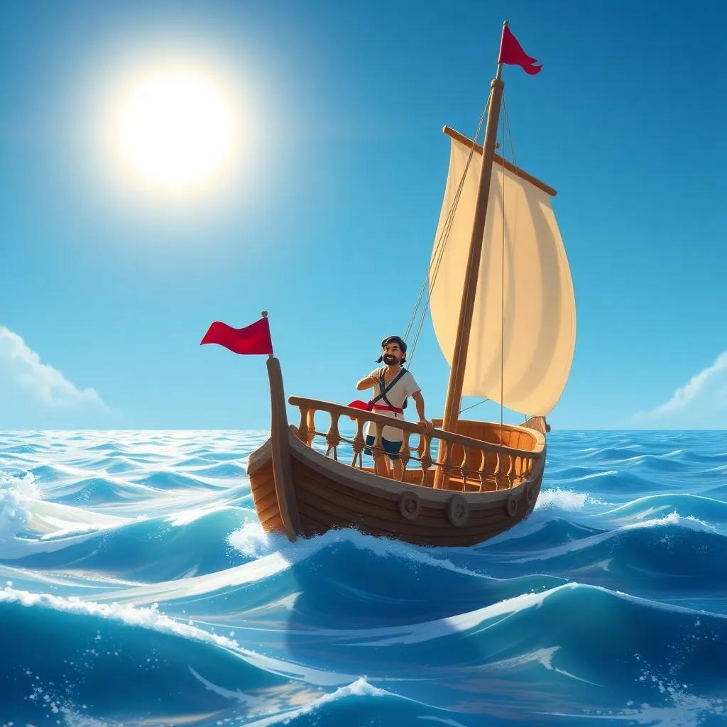A Phoenician merchant named Tiro on his ship called 'Northern Star', sailing on the blue vast sea with bright sun and gentle waves, cheerful atmosphere, digital art, vibrant colors, high quality
