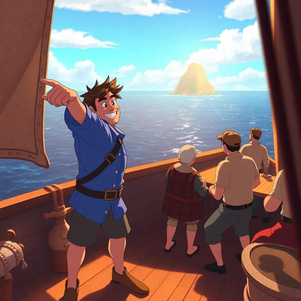 Tiro pointing towards a distant island with excitement, his crew working together on the deck, detailed illustration, warm sunlight, adventure theme, engaging composition