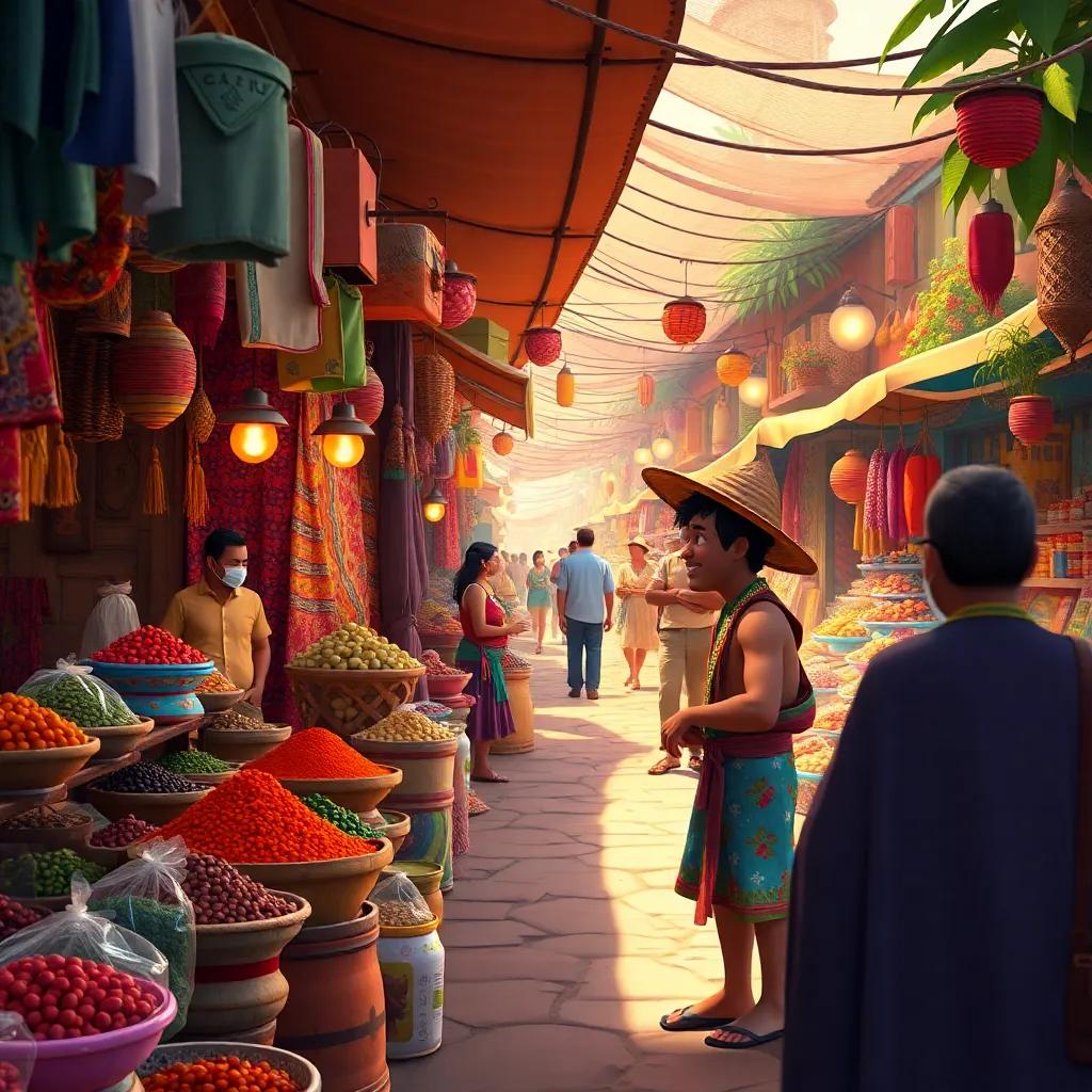 The colorful island marketplace bustling with traders, vibrant spices and fabrics, Tiro bargaining with a vendor, joyful atmosphere, detailed and lively scene, warm colors, high quality