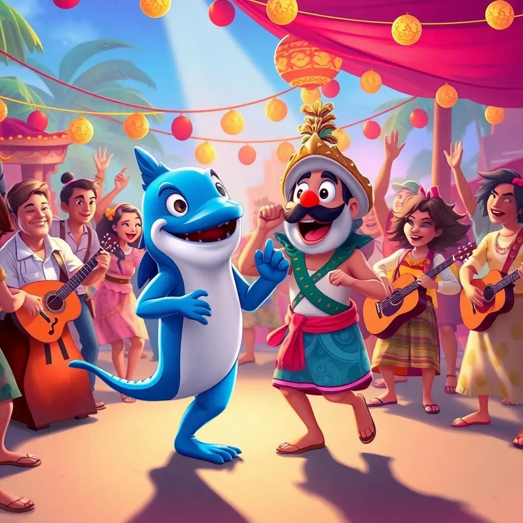 Tiro and crew members dancing at a joyful celebration, live music around them, islanders having fun, lively colors, festive mood, detailed illustration, high quality