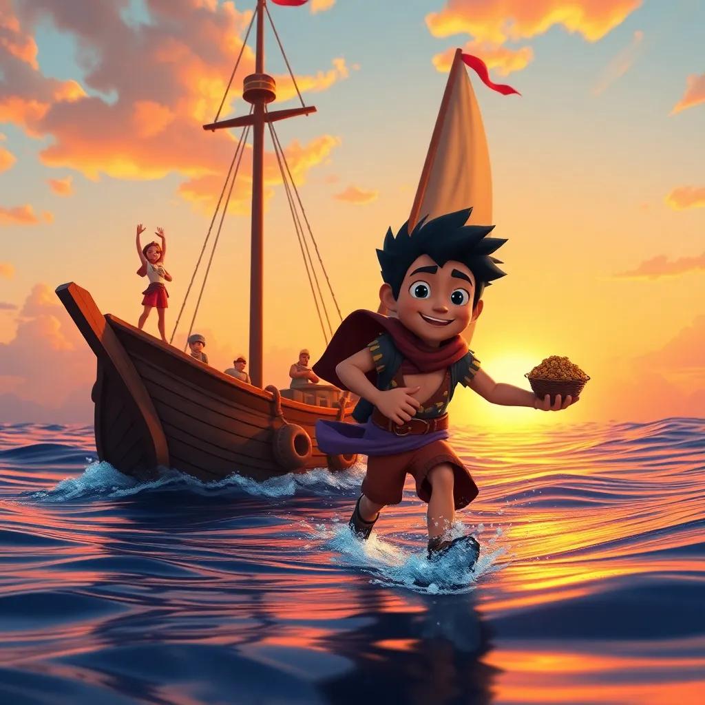 Tiro hurrying back to his ship as the sun sets, waves calmed, treasures collected in their hands, beautiful sunset colors, happy expressions, vibrant atmosphere, high quality