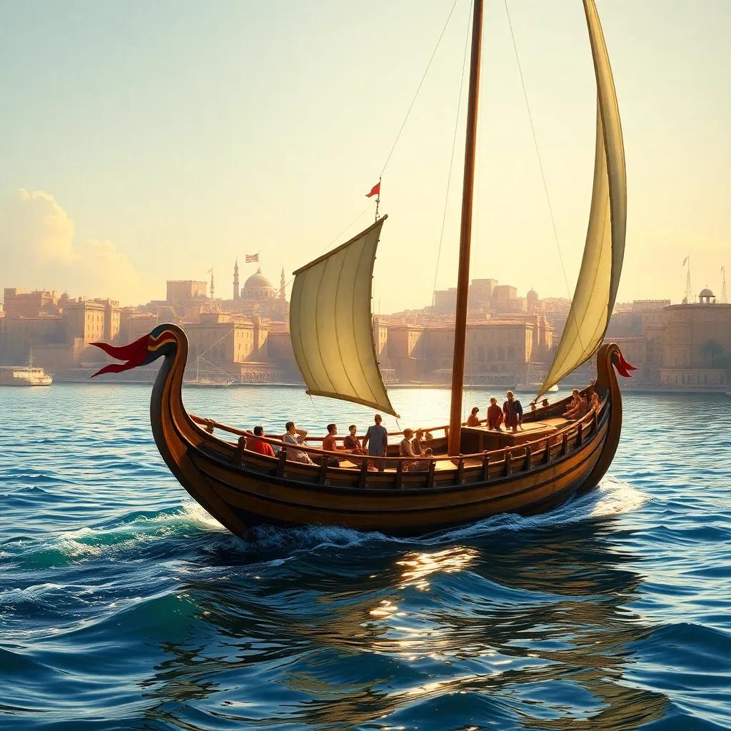 The Phoenician ship sailing back towards the port of Tyre, city walls shining in the sunlight, Tiro's crew excited as they near home, detailed art, inviting colors, high quality