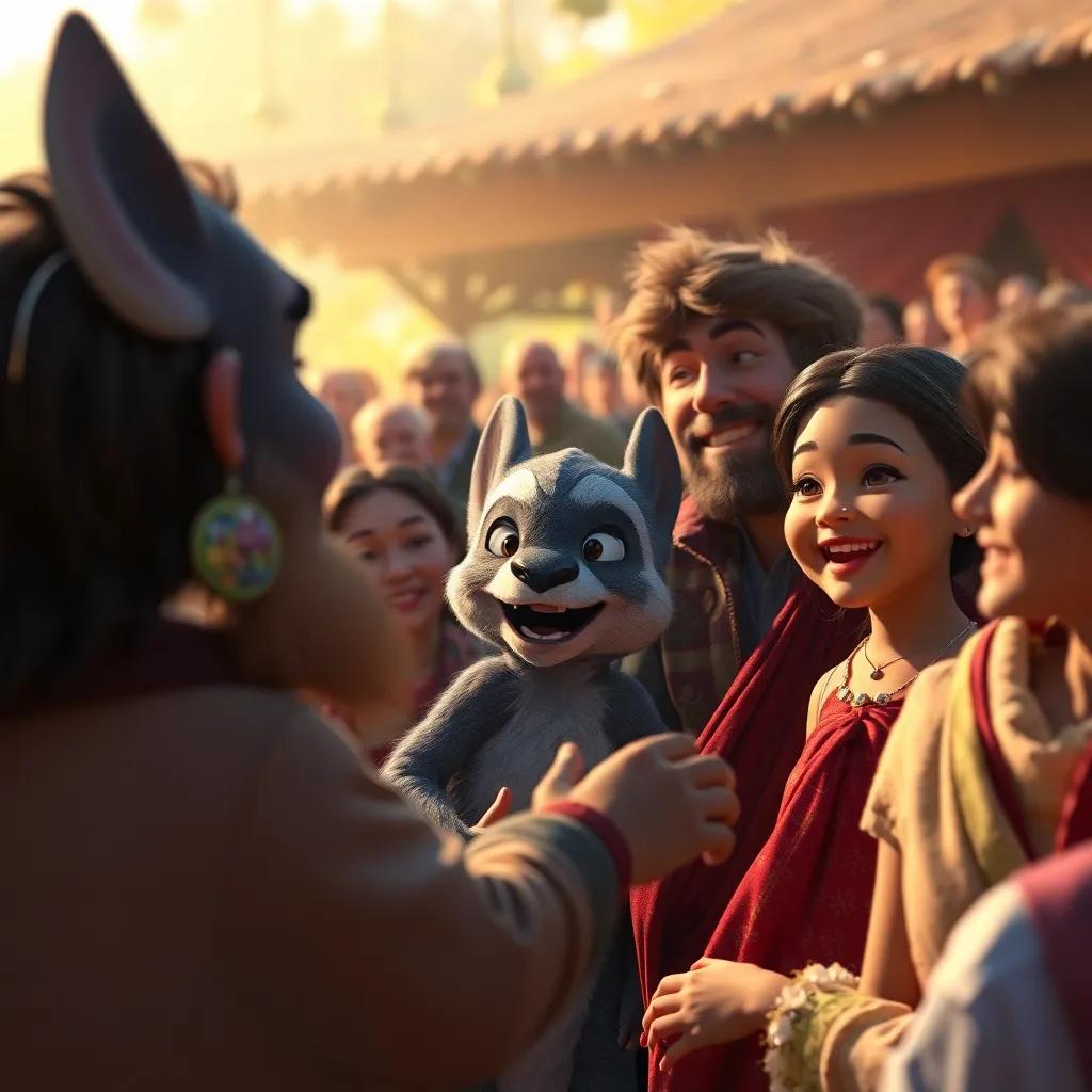 Tiro's family welcoming him back, the crowd listening eagerly to his tales, bright smiles on their faces, beautiful details in the background, warm light, high quality