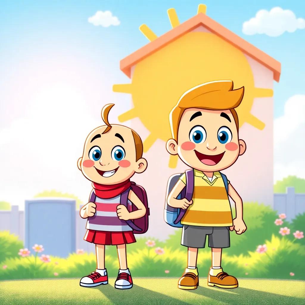 A bright and sunny Monday morning with the days of the week, Monday and Tuesday, smiling and ready for school, cheerful atmosphere, child-friendly illustration, vibrant colors, high quality