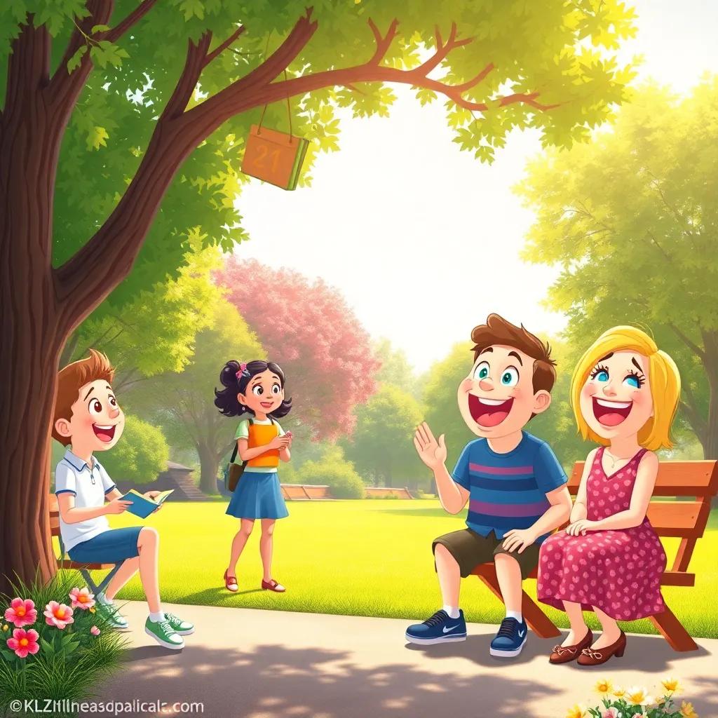A sunny park scene with Wednesday calling for learning, Thursday suggesting a picnic, and Friday laughing excitedly, inviting environment, colorful illustration, cheerful light, high quality