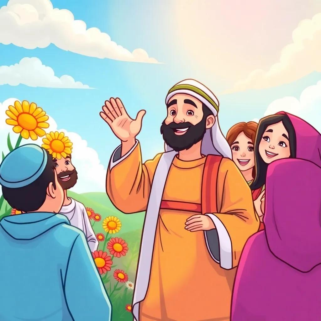A vibrant new land with Prophet Yunus, a Middle-Eastern man in traditional robes, standing with friendly people around him, colorful flowers and blue skies, joyous expressions, bright and cheerful, inviting atmosphere, high quality, uplifting mood