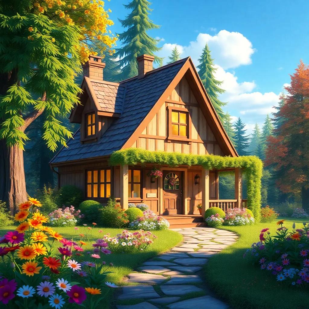 A beautiful home at the edge of a magical forest, bright and welcoming, with colorful flowers in the front yard and a clear blue sky, digital art, warm colors, inviting atmosphere, high quality