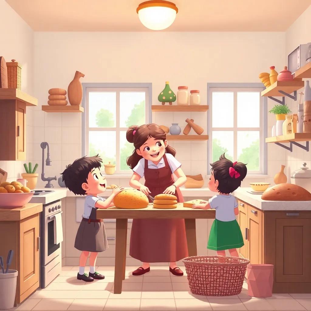 A bright kitchen filled with the aroma of baked bread and cookies, children helping their mother, laughter and joy, detailed illustration, cheerful atmosphere, child-friendly