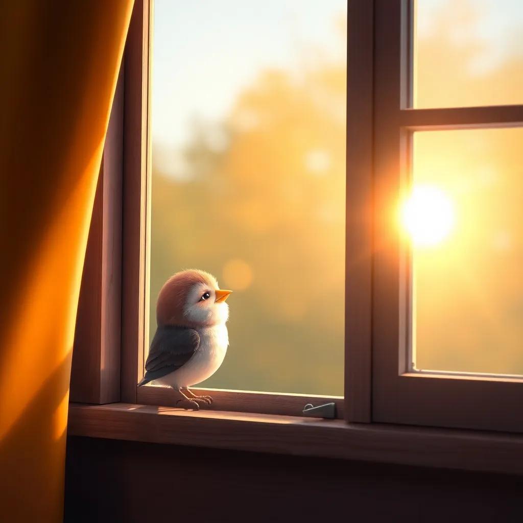 A small, sad bird at the window, looking inside, a caring mother figure comforting it, sunlight streaming through the glass, heartwarming scene, colorful, high detail