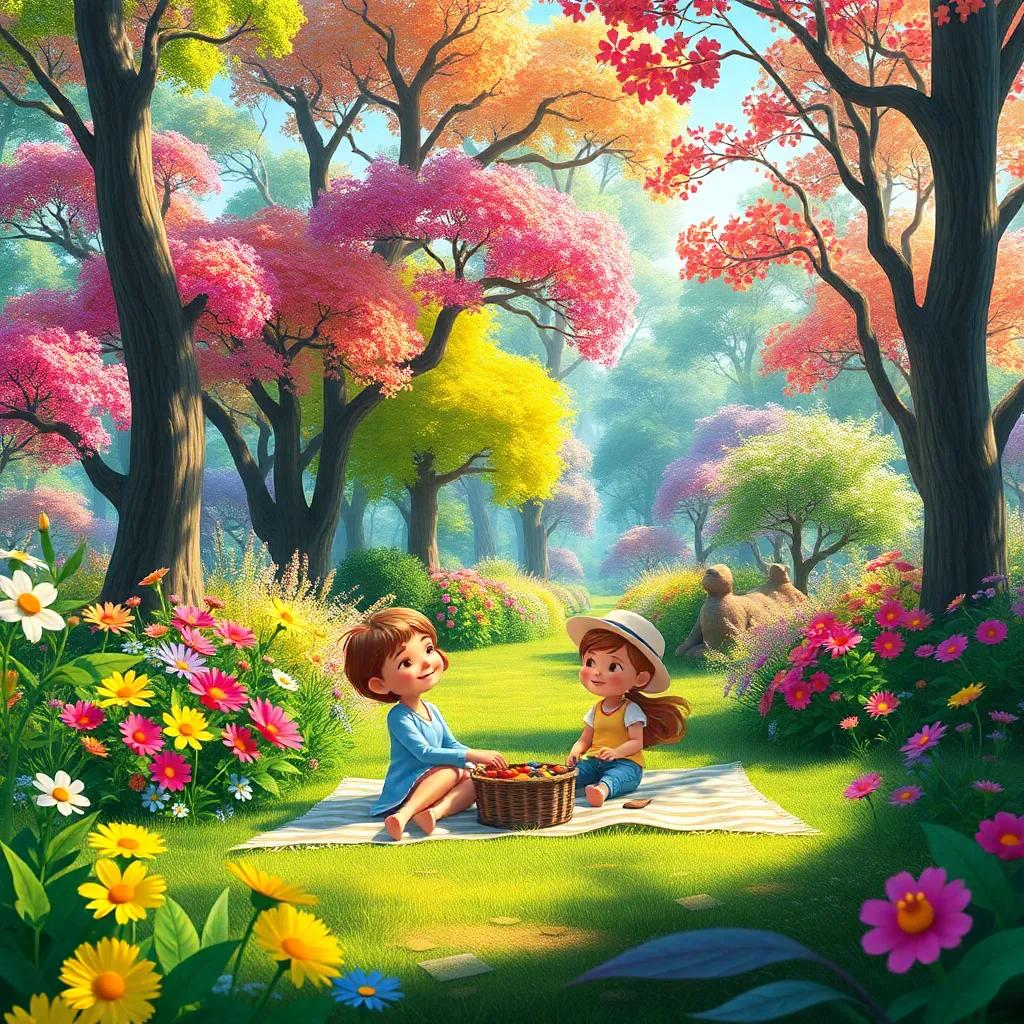 A picture of a magical forest with colorful flowers and trees, a mother and her two children enjoying a picnic on a sunny day, vibrant and cheerful, digital art, beautiful scenery