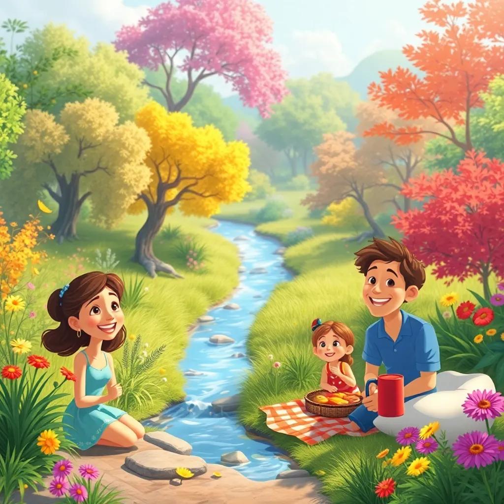 A serene glade with a gentle stream, a family enjoying a picnic, joyful expressions on their faces, colorful nature all around, bright light, charming illustration, high quality