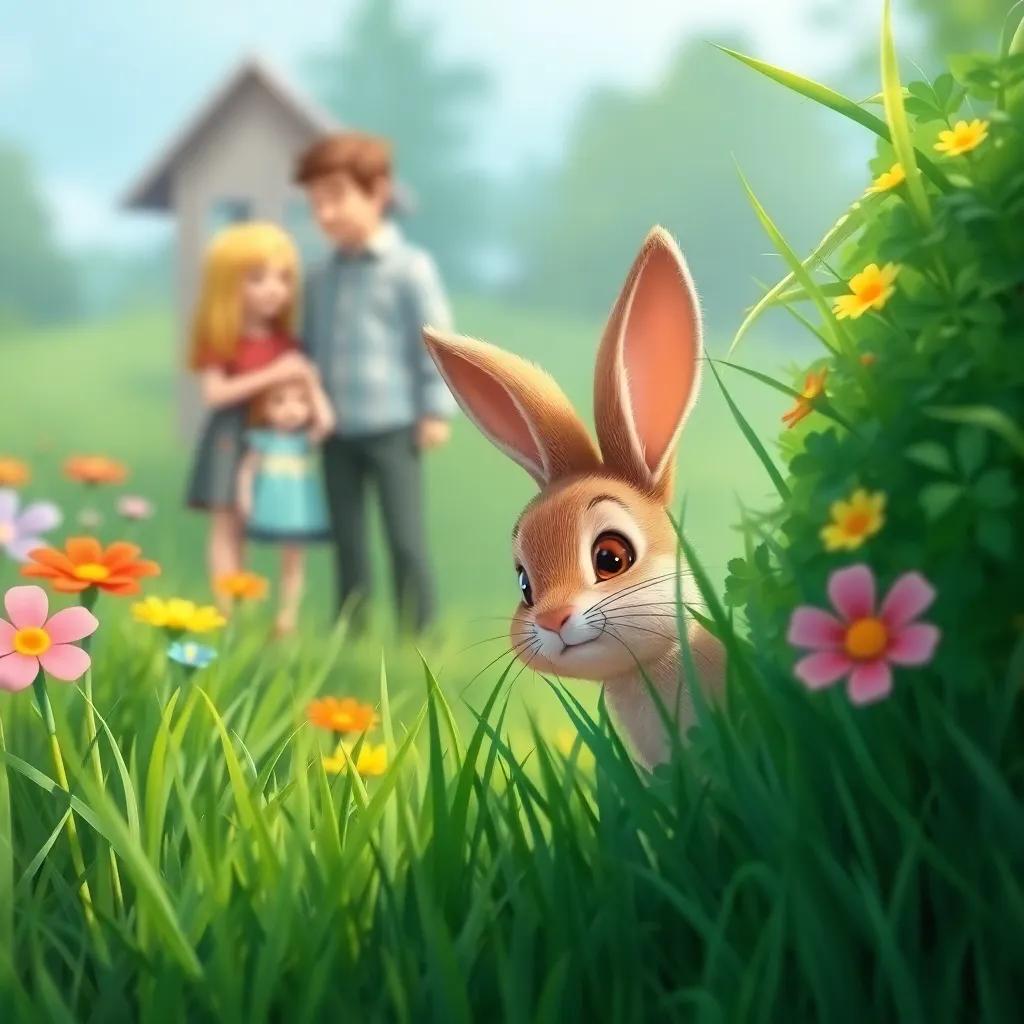 A curious little rabbit peeking from the bushes, observing the family, surrounded by green grass and colorful flowers, whimsical art style, vibrant colors, child-friendly