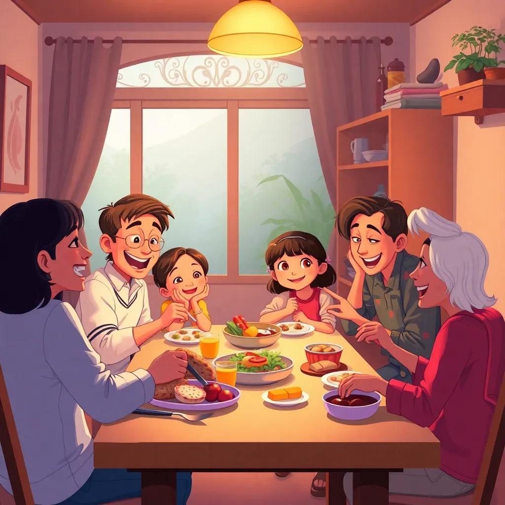 A family happily sharing meals at home, filled with warmth and love, the ambiance rich with colors and light, cozy, detailed illustration