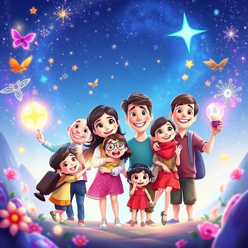 A montage of the family discovering new wonders and adventures together, love and joy radiate from them, magical elements in the background, colorful digital art, cheerful mood