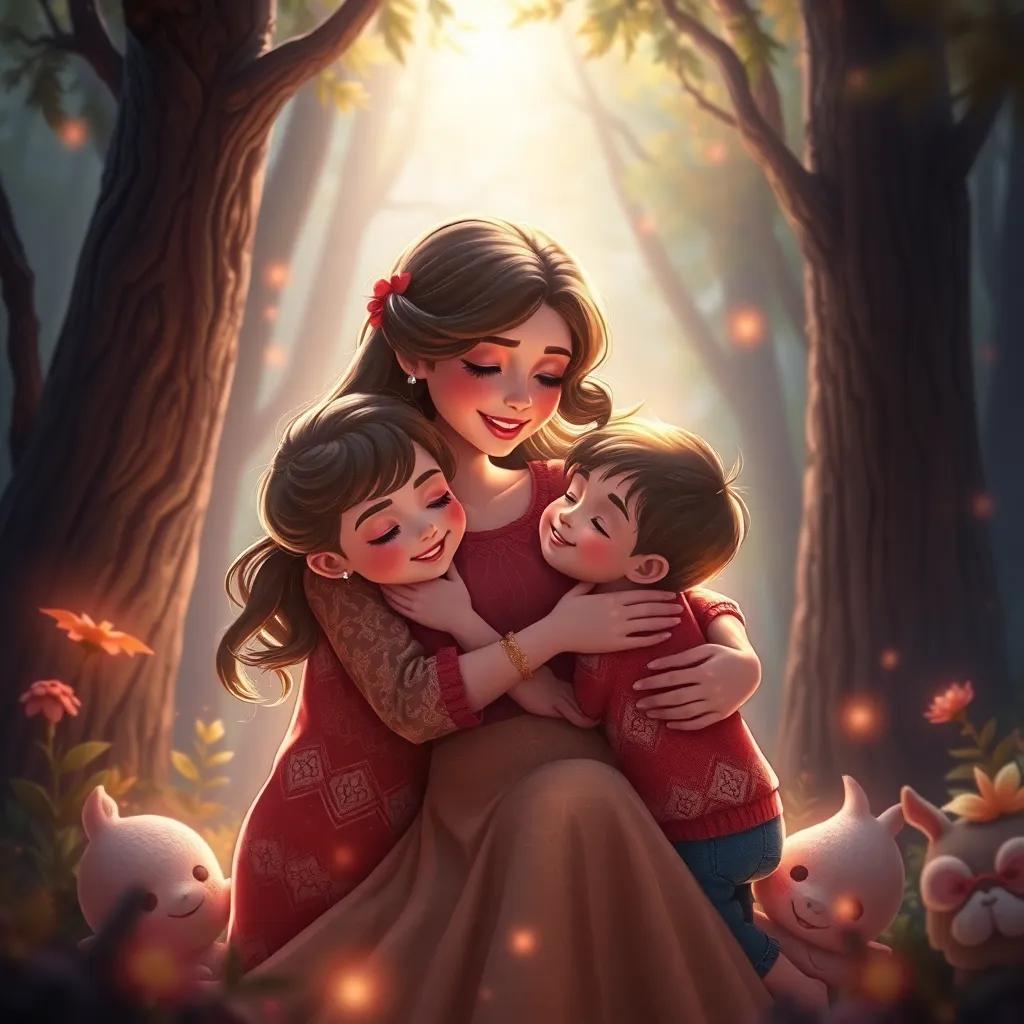 A warm scene of a mother hugging her children, surrounded by magical forest elements, portraying love and togetherness, bright light, emotional art style, high quality