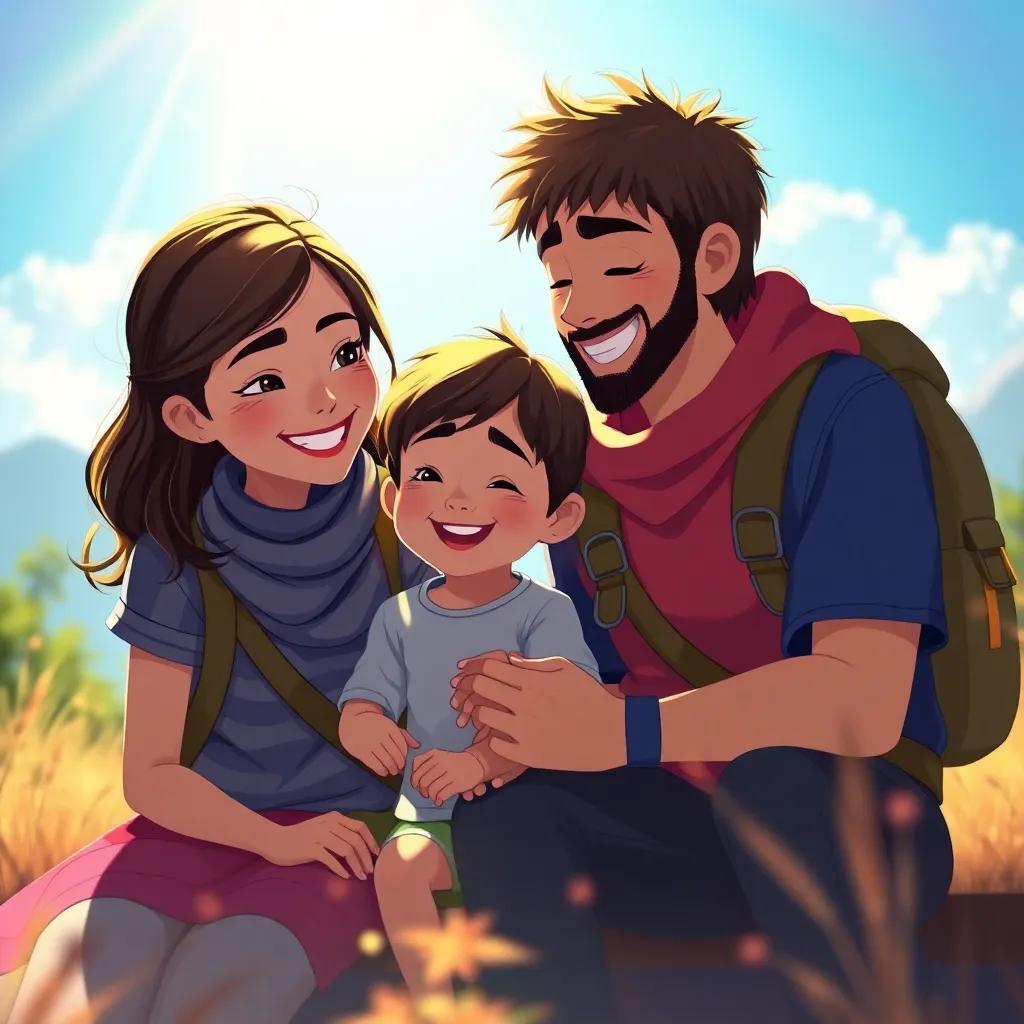 A beautiful moment of family adventure, capturing their unbreakable bond, vibrant colors and light conveying happiness, artistic and child-friendly style