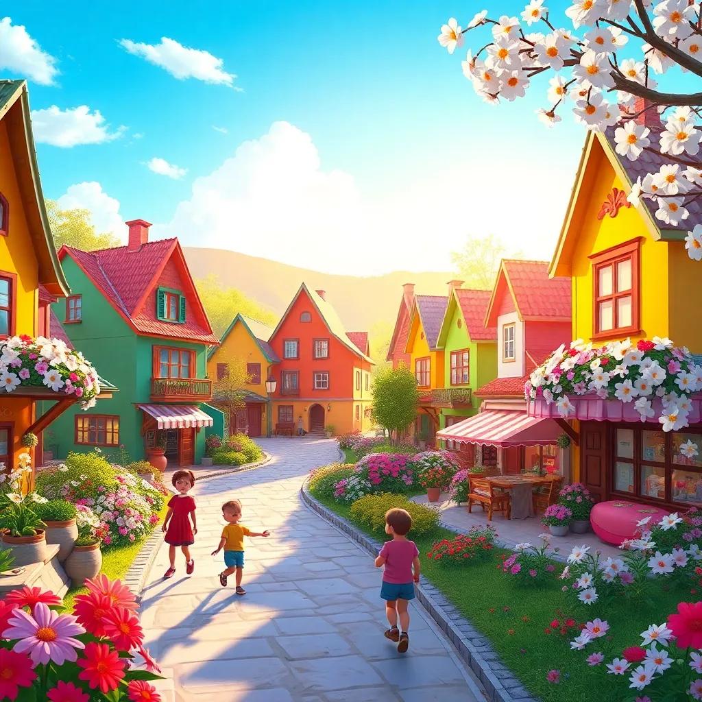 A colorful village with sunlit houses and blossoming flowers, a bright day, children playing, cheerful atmosphere, digital art, vibrant colors, lively scene, detailed
