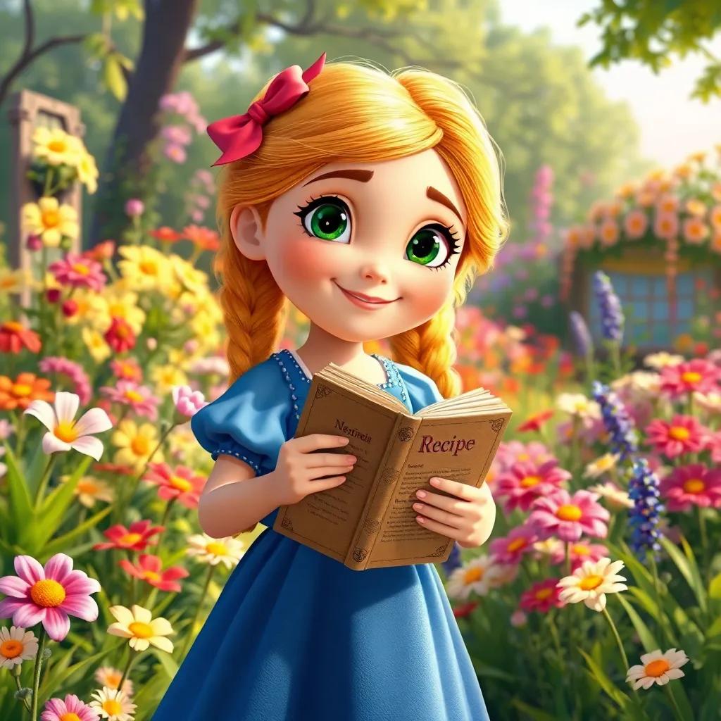 Heidi, a girl with blonde braids, wearing a blue dress, holding a mysterious recipe book in a cheerful garden, surrounded by blooming flowers, colorful scenery, whimsical digital art, joyful
