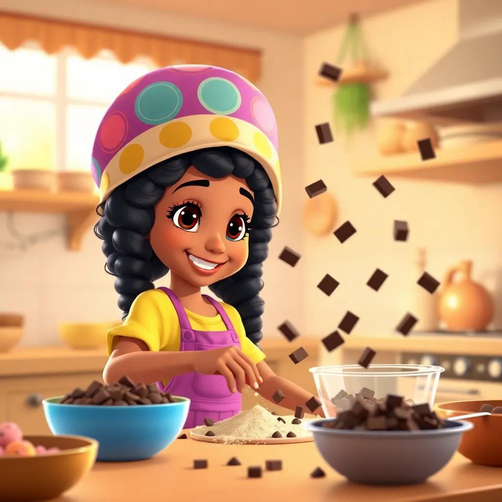 Yasmine, a girl with curly hair wearing a colorful hat and a sunny yellow shirt, mixing ingredients in the kitchen with Heidi, smiling as chocolate chips fall, bright kitchen, warm lighting, child-friendly style, detailed